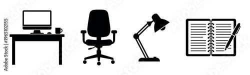 A set of four black silhouette icons representing a modern office workplace. Includes desk, chair, lamp, and notebook. Ideal for business, web design, or study concepts.
