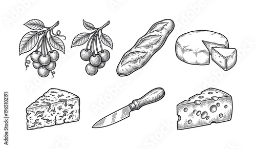 A set of vintage food illustrations. Includes cheese, baguette, cherry, and knife. Black and white engraving style for menus, packaging, or restaurant branding. Vector.