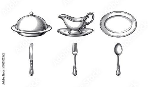 A set of vintage dining tableware illustrations. Includes cloche, gravy boat, plate, knife, fork, and spoon. Perfect for elegant restaurant menus, logos, or classic food branding.