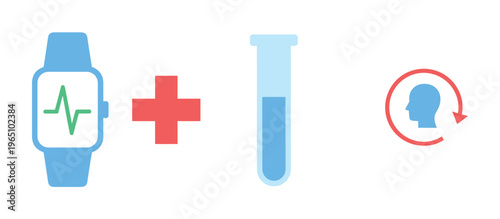 Set of flat icons for digital health, medical data, and monitoring. Represents wearable tech, lab analysis, and patient data refresh. For medtech and healthcare concepts.