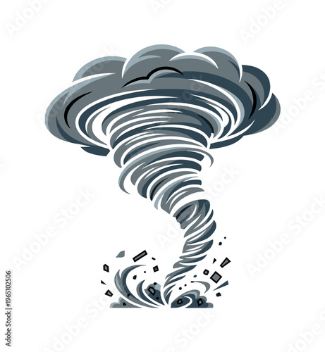 A stylized vector illustration of a powerful, destructive tornado. This dynamic graphic represents a natural disaster, chaos, and storm, perfect for weather or crisis concepts.