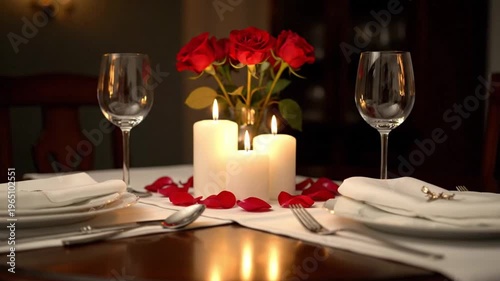 Romantic Dinner Table with Candles Mid Shot Elegant Evening Dining