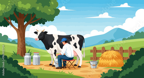 Illustration of a man milking a cow under a tree on a farm with mountains in the background.