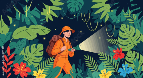 Illustration of a hiker with a backpack and a flashlight walking through a lush, tropical jungle with vibrant flowers and foliage at night.