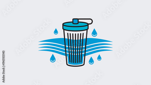 A modern water bottle with an integrated filter, surrounded by blue waves and water droplets, illustrating concepts of hydration, purification, and healthy drinking habits.