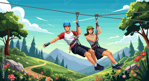 Illustration of a man and a woman ziplining through a scenic landscape with mountains and trees.