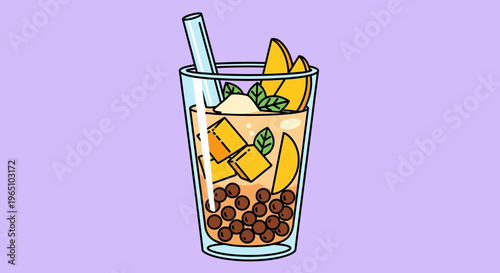A vector eps illustration of a refreshing mango drink with boba and mint leaves in a glass.