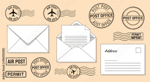 Flat lay of vintage-style postal stamps and envelopes on a beige background