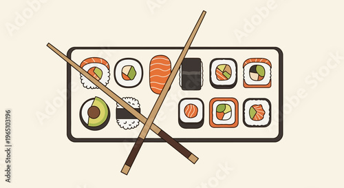 Sushi plate with chopsticks vector eps illustration of various sushi rolls and sashimi