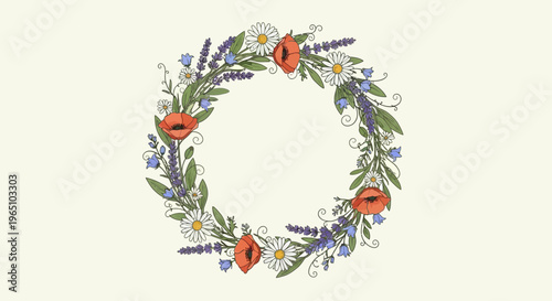 Floral wreath vector illustration with poppy, daisy, lavender eps file reference