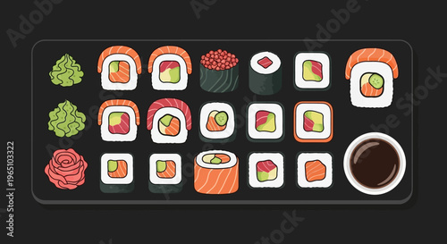 A vector eps illustration of sushi rolls and sashimi on a black plate with soy sauce.