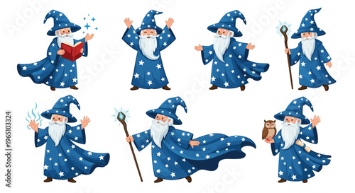 Wizard Character Collection with Magical Poses, Staff, and Spells for Fantasy, Magic, and Adventure Graphics