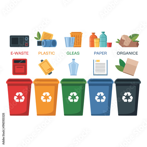 Waste management illustration with recycling bins and labeled trash types