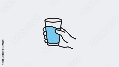 A simple yet impactful illustration of a human hand gently holding a glass half-filled with refreshing blue water, symbolizing hydration, health, and a healthy lifestyle.