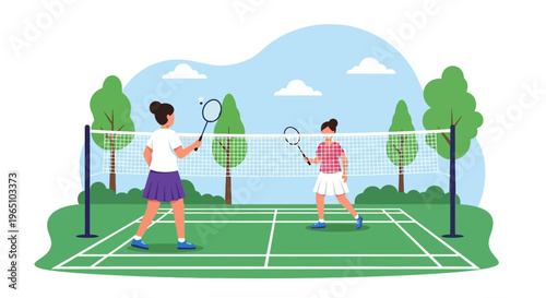 Illustration of two people playing badminton on an outdoor court with trees and blue sky