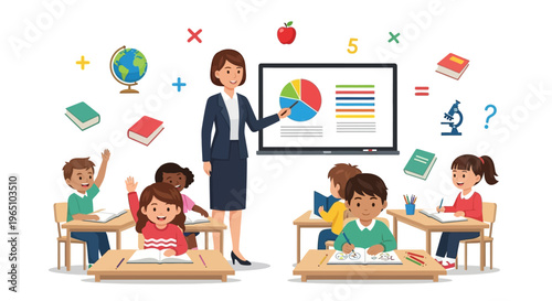 Teacher Explaining Math Lesson to Students in Classroom with Interactive Whiteboard