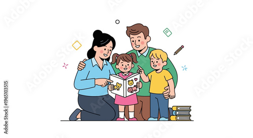 Happy family reading book together, parents and children enjoying story time, education, learning, home leisure