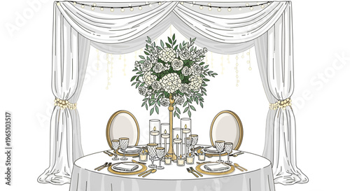 Elegant Wedding Table Setting with Floral Centerpiece and Draping Curtains