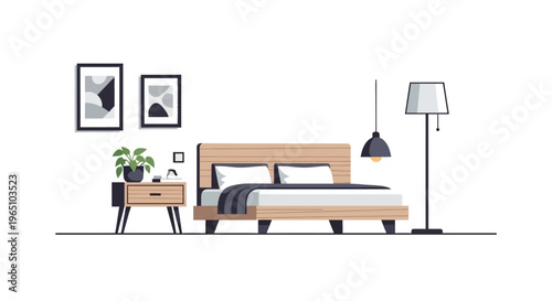 Modern Bedroom Interior Design: Bed, Nightstand, Artwork, and Lamps