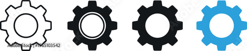 Gear cog icon set in outline solid and flat blue styles representing settings configuration engineering and system control concepts