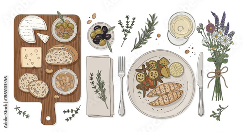 Artistic Illustration of a Delicious Meal: Grilled Chicken, Vegetables, Cheese, Bread, Olives, and Wine