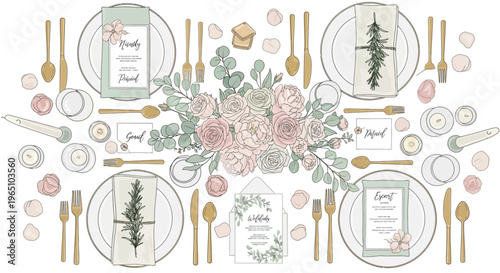 Elegant Wedding Table Setting with Flowers and Place Cards