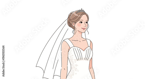 Beautiful bride in white wedding dress with veil and tiara, smiling happily
