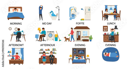 Daily Routine Icons: Morning to Night, Activities and Lifestyle