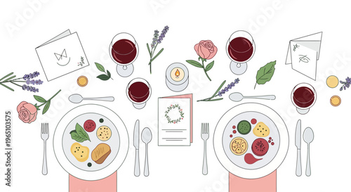 Elegant Table Setting for Romantic Dinner with Flowers, Candles, and Wine