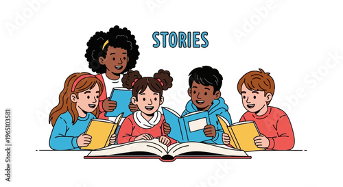 Diverse children reading books together, learning and imagination, 'STORIES' text