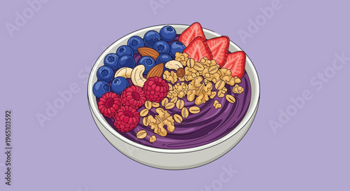 A vibrant vector eps illustration of a bowl filled with fresh fruit and granola.