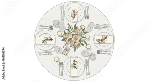 Elegant Wedding Table Setting with Floral Centerpiece and Place Cards - Top View