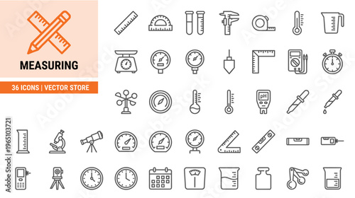 Collection of measuring tools and instruments icons on white background