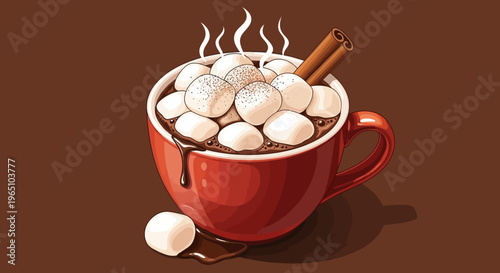Vector eps illustration of a red cup with marshmallows and cinnamon stick, isolated on brown