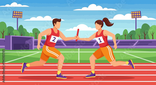 Illustration of two athletes passing a baton on a track with stadium lights