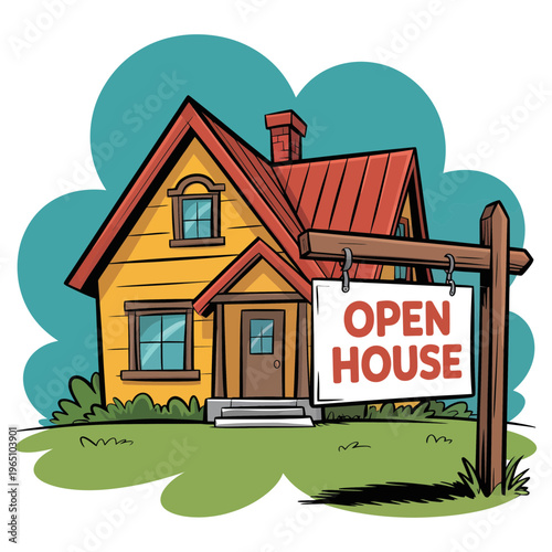 A cartoon house with an open house sign in the front yard