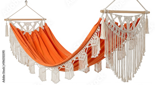 Orange hammock with white macrame tassels hanging on wooden dowel isolated on transparent background transparent background