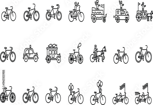 Variety of bicycles and tricycles with different riders and cargo