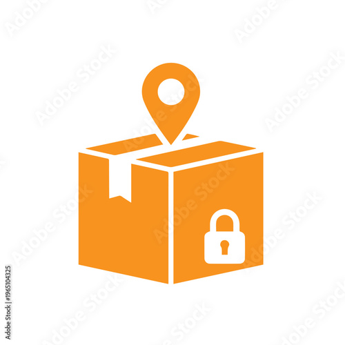 An orange graphic element shows a cardboard shipping box marked with a location pointer and a small padlock symbol.