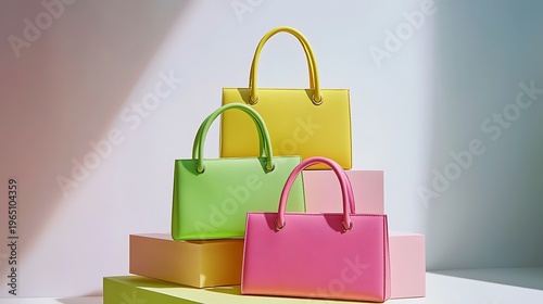 Three vibrant colored handbags arranged beautifully on contemporary tiered display blocks