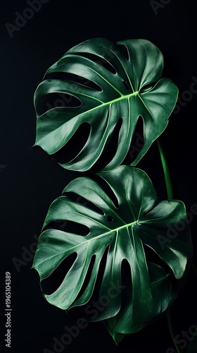 Two lush dark green monstera leaves against a deep black backdrop