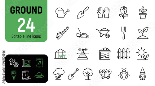 Editable line icons of gardening tools and plants on white background