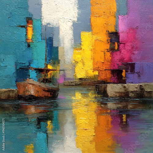 Surreal abstract oil painting with bold textured strokes and flowing geometric forms