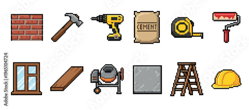 Set of pixel art construction icons featuring a hammer, drill, cement bag, hard hat, and other building tools for a retro 8-bit video game or digital design project