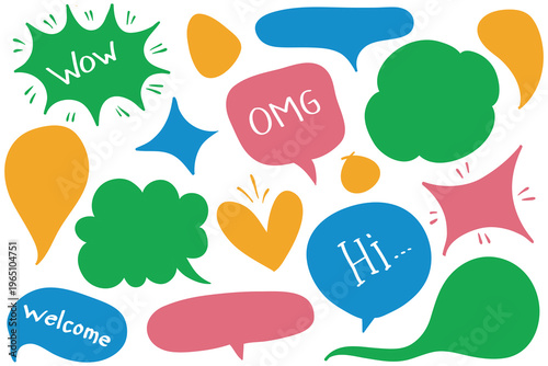 Colorful speech bubbles and emojis on white background