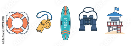 Lifeguard equipment icon set with a lifebuoy, whistle, rescue board, binoculars, and tower for beach safety and emergency response, presented in a clean line art illustration style