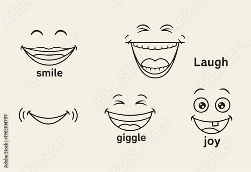 Collection of expressive facial emotions and smiles conveying happiness and amusement