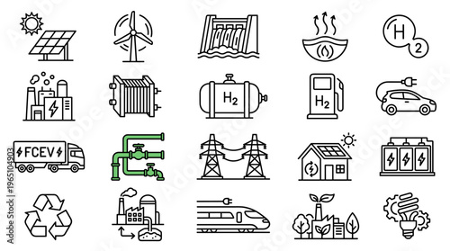 Sustainable energy icons on white background for eco-friendly concepts