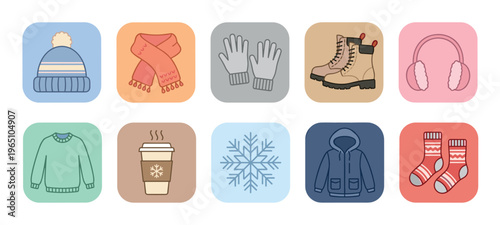 Collection of winter clothing and accessory icons including a hat, scarf, gloves, boots, earmuffs, sweater, coffee, snowflake, jacket, and socks in a minimalist flat line art style