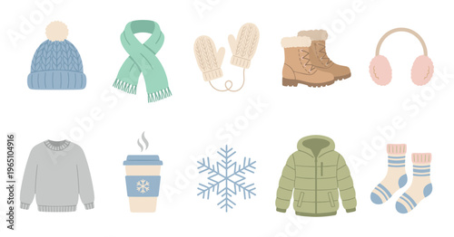Set of cozy winter clothes and accessories in a pastel color palette, featuring a knitted beanie, scarf, mittens, boots, earmuffs, sweater, puffer jacket, socks, and a hot drink
